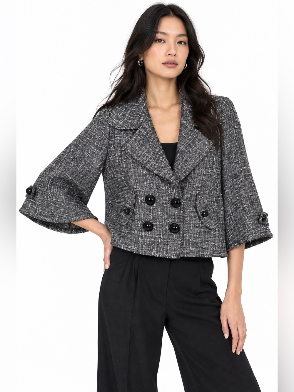 Y2K Tweed Tented Bell Sleeve Cropped Coat Double Breasted Flared Minimalist Chic